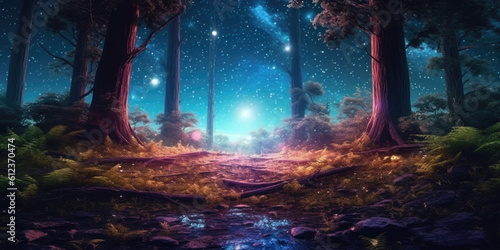"Unveiling magic's realm: The moon's soft radiance unveils a mystical forest, adorned with twinkling stars, where the air carries a hint of enchantment and wonder." Generative AI 