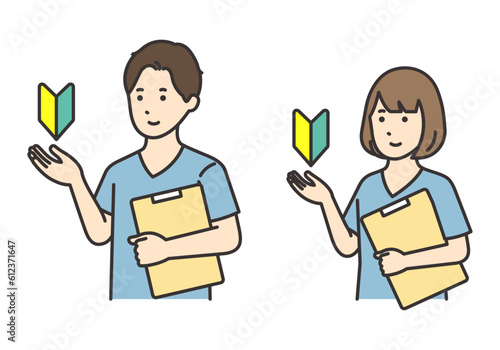 カルテを持つ新人看護師の女性と男性のイラストセット