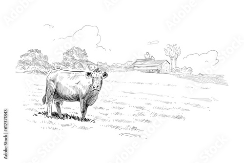 Farm sketch. Cows are grazing in a meadow. Rural landscape hand drawn vector illustration.