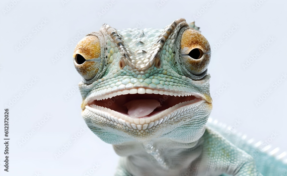 Smiling cheerful chameleon on a white background. Generative AI. Smiling cheerful chameleon on a white background. Generative AI.