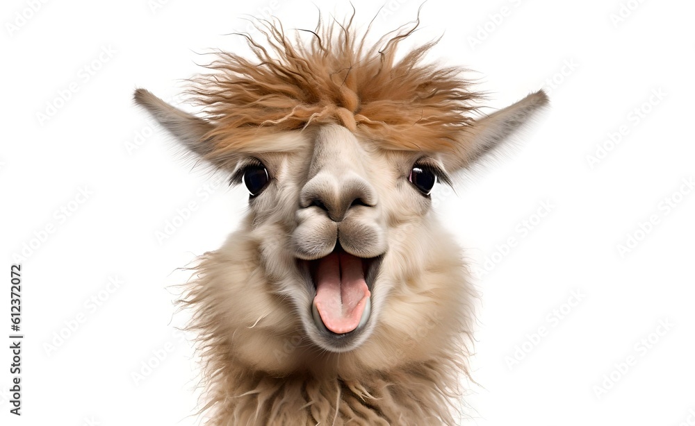Smiling cheerful lama on a white background. Generative AI. Smiling cheerful lama on a white background. Generative AI.