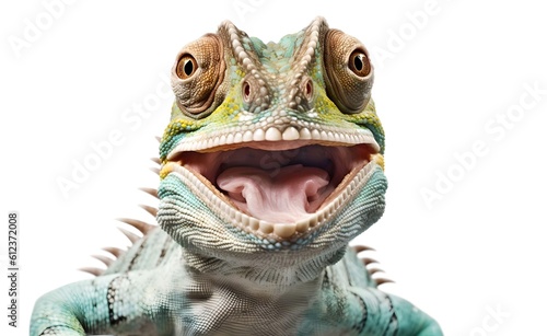 Smiling cheerful chameleon on a white background. Generative AI.