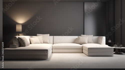 Modern minimalistic living room in light monochrome colors. Empty walls, large corner sofa, coffee table, table lamp. Mock up, 3D rendering. Generative AI © Georgii