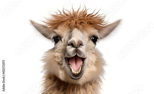 Smiling cheerful lama on a white background. Generative AI. © Curioso.Photography