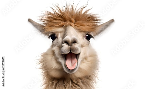 Smiling cheerful lama on a white background. Generative AI.