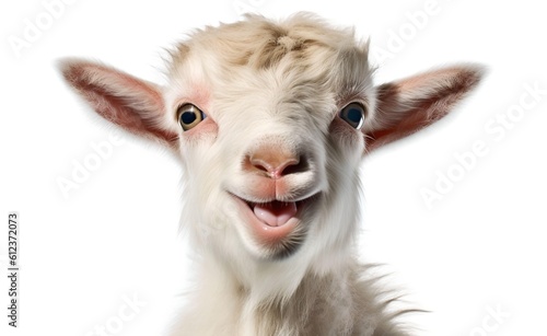 Smiling cheerful goat on a white background. Generative AI.