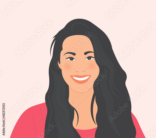 Beautiful young woman with long hair smiling happily with a fulfilling life in love and healthy life.Vector illustration.
