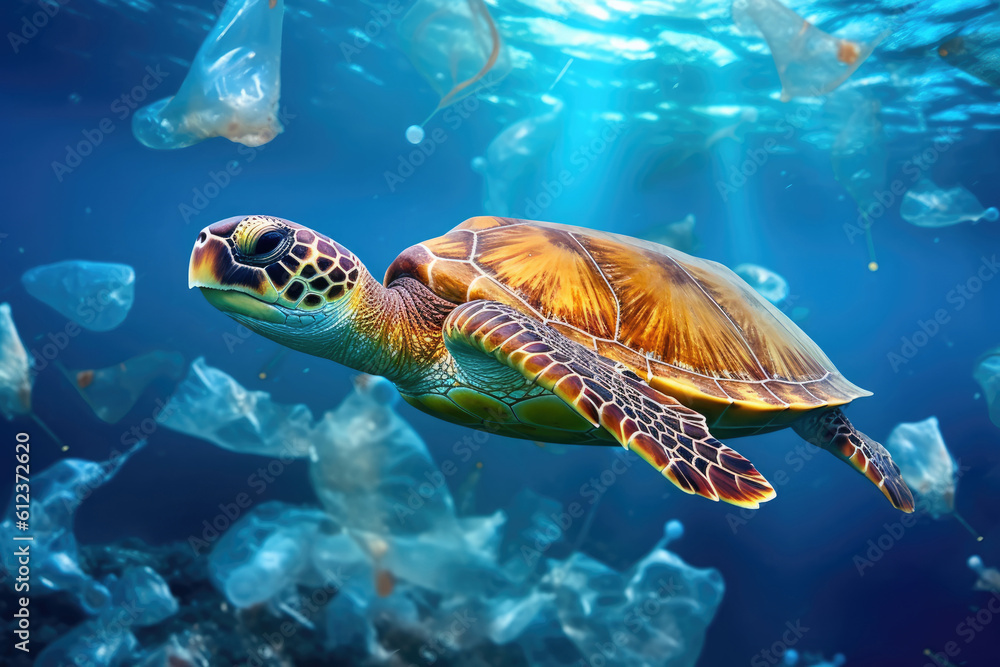 Fototapeta premium Sea turtle and plastic garbage in blue water. Plastic garbage pollution.