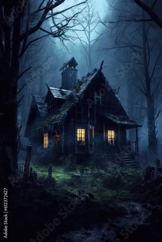 Creepy Halloween Horror house stands in eerie black forest.