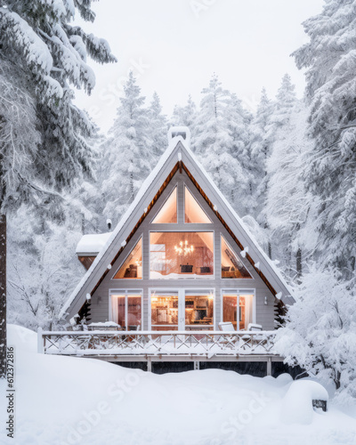 Exterior view of a scandinavian chalet covered by snow in middle of forest created using generative AI © Keitma