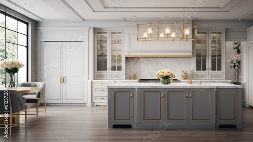 Modern classic luxury white kitchen with dining area. Large kitchen island with marble top, luxurious chandelier, glazed cabinets. dining table with comfortable chairs, panoramic Generative AI
