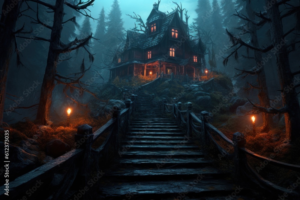 Creepy staircase leads to Halloween Horror house stands on mound in eerie black forest.