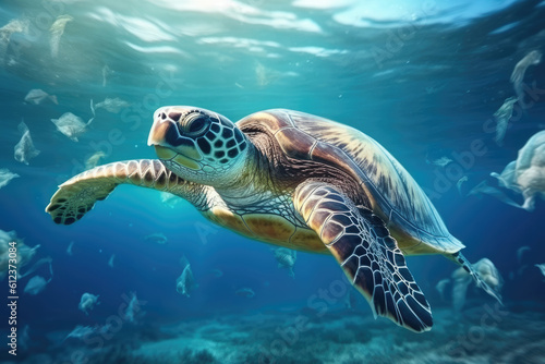 Sea turtle and plastic garbage in blue water. Plastic garbage pollution.