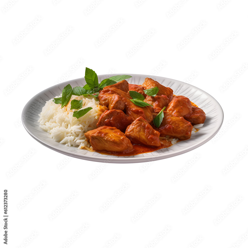 Chicken meat with tikka masala sauce, Spicy curry food in a plate with rice and spices, PNG file