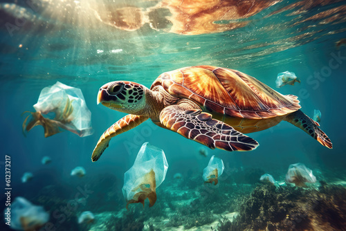 Sea turtle and plastic garbage in blue water. Plastic garbage pollution.
