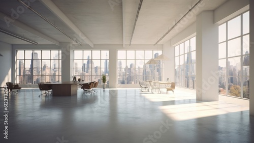 Loft-style open space office with floor-to-ceiling windows and city views. Light-colored concrete walls and floors, large wooden tables, comfortable chairs, desktop computers, plants in Generative AI