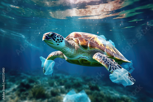 Sea turtle and plastic garbage in blue water. Plastic garbage pollution.