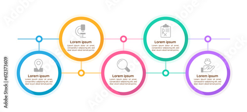 Laboratory services infographic chart design template. Editable infochart with icons. Instructional graphics with 5 step sequence. Visual data presentation. Quicksand Bold, Medium fonts used