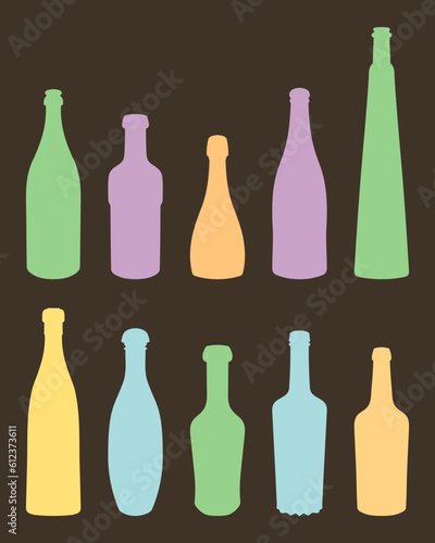 Vector set of colored shape of silhouettes of glass bottles for alcohol, wine, whiskey, vodka, brandy, cognac, beer, kvass, champagne, liqueur