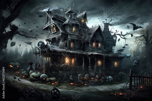 Crooked dilapidated littered with all sorts of junk Halloween House of Horrors in gray foggy forest.