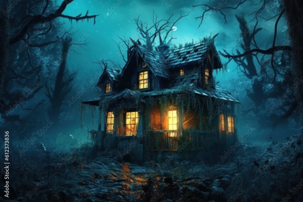 Halloween image. Dilapidated overgrown with grass Horror house in eerie foggy blue forest.