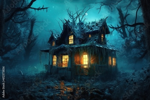 Halloween image. Dilapidated overgrown with grass Horror house in eerie foggy blue forest.