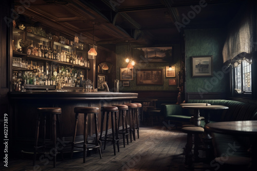 Tables of a pub style old bar  before operating hours. Traditional or British style bar or pub interior. with wooden paneling. Retro vintage atmosphere