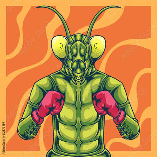 vector illustration of a humanoid mantis wearing boxing gloves, animal boxing character