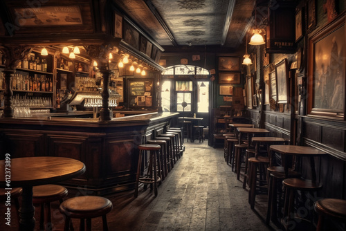 Tables of a pub style old bar, before operating hours. Traditional or British style bar or pub interior. with wooden paneling. Retro vintage atmosphere