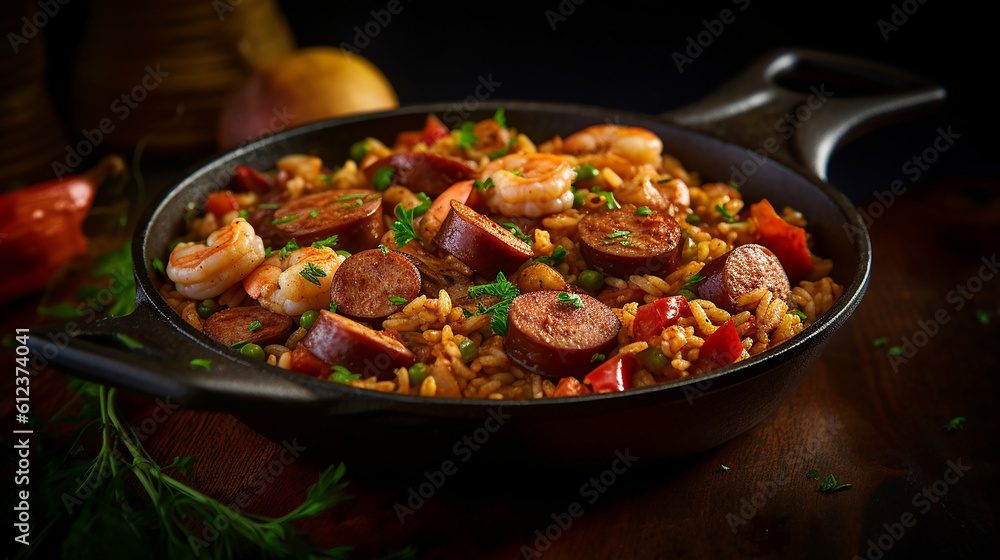 Generative AI. Spicy Cajun Jambalaya with Andouille Sausage and Shrimp Generative AI. Spicy Cajun Jambalaya with Andouille Sausage and Shrimp