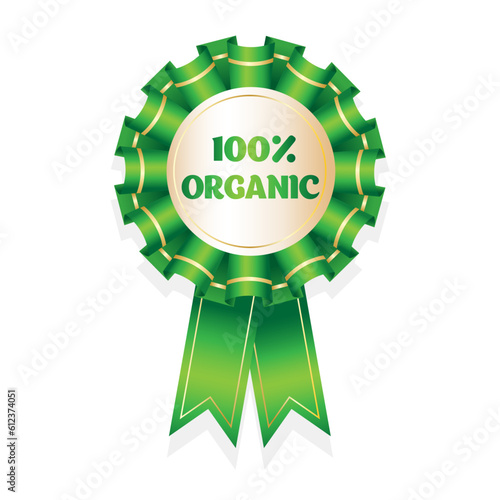 100% organic green award ribbon Award rosette. Awards labels set. Winner, quality mark, award, top. Green ribbon.