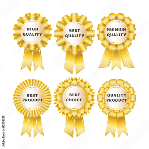 Set of premium rosettes in gold color. Award rosette. Awards labels set. Winner, quality mark, award, top. Best product, best choise, high quality, premium quality.