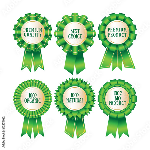 Set of realistic award ribbons of the quality mark of natural products. Award rosette. Awards labels set. Winner, quality mark, award, top. Green ribbon.