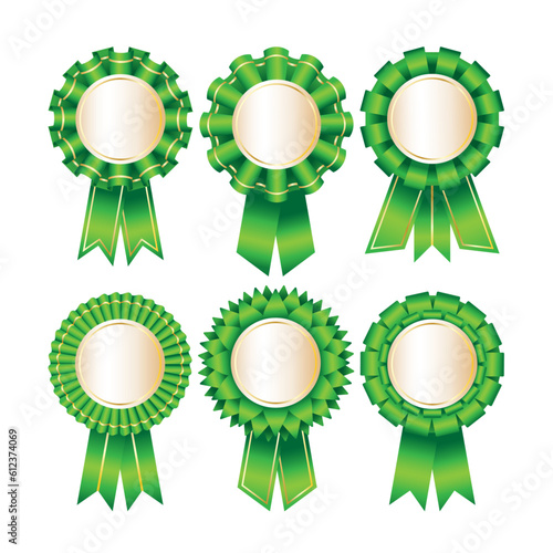Set of ribbons in green. Award rosette. Winner, quality mark, award, top.