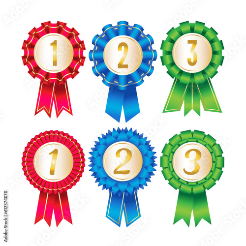 Set of colored realistic award ribbons with the inscription of the first, second and third places. Award rosette. Awards labels set. Winner, quality mark, award, top.