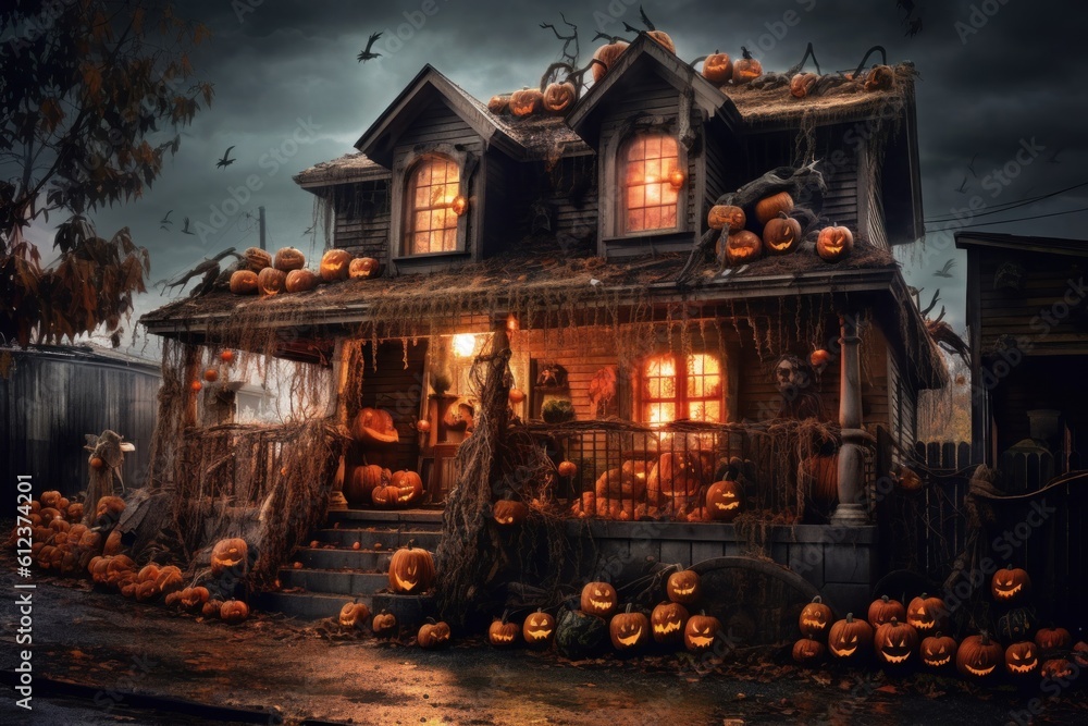 Obraz premium Halloween horror house littered with Jack lantern pumpkins and trash.
