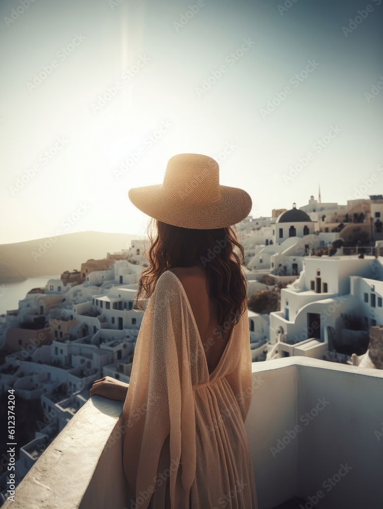 Tourism in Europe. Back view of young woman looking stunning landscape in the picturesque Island, Greece. AI generative - obrazy, fototapety, plakaty 