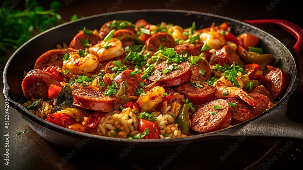 Generative AI. Spicy Cajun Jambalaya with Andouille Sausage and Shrimp Generative AI. Spicy Cajun Jambalaya with Andouille Sausage and Shrimp