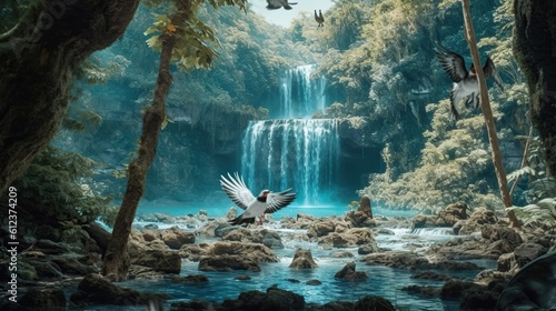 Landscape waterfall with birds Generative AI