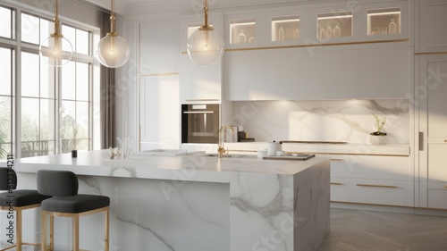 Modern luxury white kitchen. Large kitchen island with marble countertops and bar stools, luxurious chandeliers, expensive kitchen appliances, panoramic windows. Generative AI