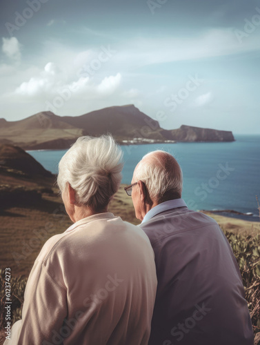 Life after retirement. Senior couple on holidays looking at the sea from viewing terrace. AI generative