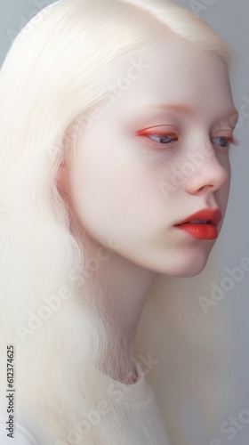 Close up sensual portrait of beautiful albino female model. Beauty, fashion, skincare, cosmetics, wellness concept. Well-kept skin, fresh look, details. AI generative