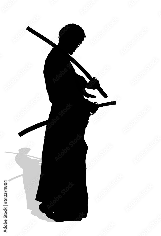 silhouette of a samurai with two swords on a white background