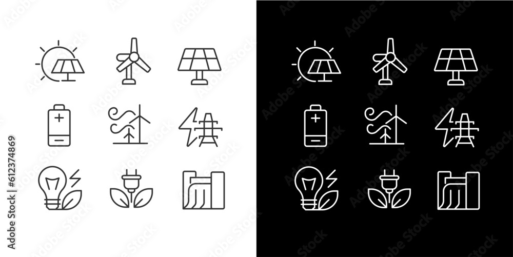 Sustainable power sources pixel perfect linear icons set for dark, light mode. Energy generation. Ecology protection. Thin line symbols for night, day theme. Isolated illustrations. Editable stroke Sustainable power sources pixel perfect linear icons set for dark, light mode. Energy generation. Ecology protection. Thin line symbols for night, day theme. Isolated illustrations. Editable stroke