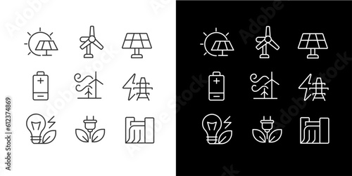 Sustainable power sources pixel perfect linear icons set for dark, light mode. Energy generation. Ecology protection. Thin line symbols for night, day theme. Isolated illustrations. Editable stroke