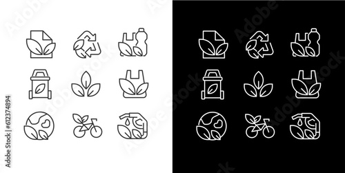 Recycling materials pixel perfect linear icons set for dark, light mode. Reuse old items. Eco friendly industry. Thin line symbols for night, day theme. Isolated illustrations. Editable stroke
