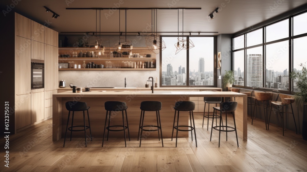 Modern kitchen with breakfast bar in an urban luxury apartment. Wooden floors, wooden facades, bar counter with bar stools, large windows overlooking the city. 3d rendering. Generative AI