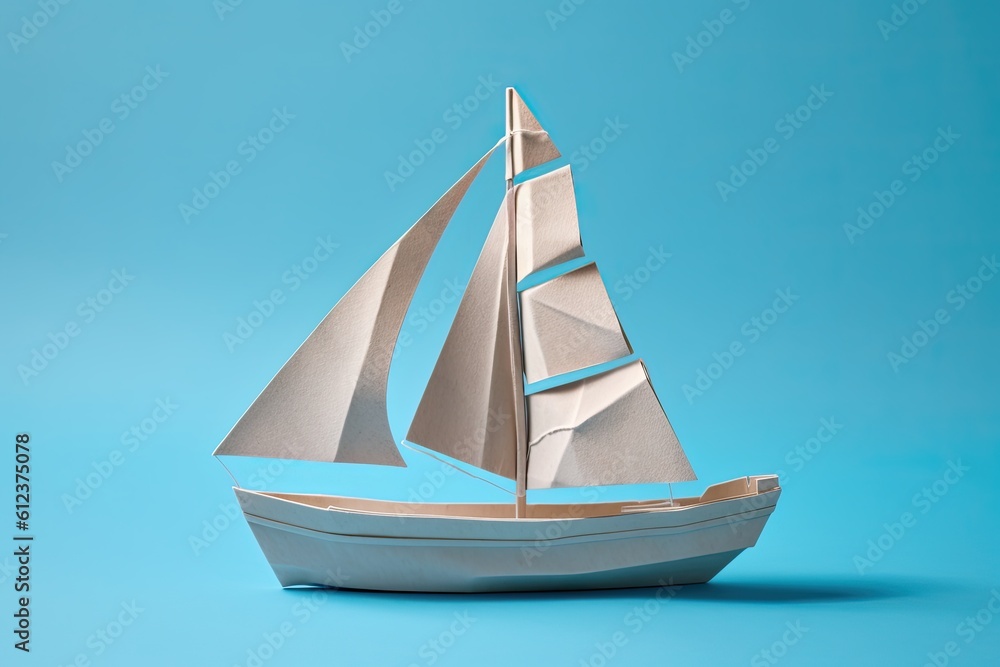 Paper Sailboat Concept. Folded Origami Boat in Blue Water - Perfect for Navigation and Boating Designs: Generative AI