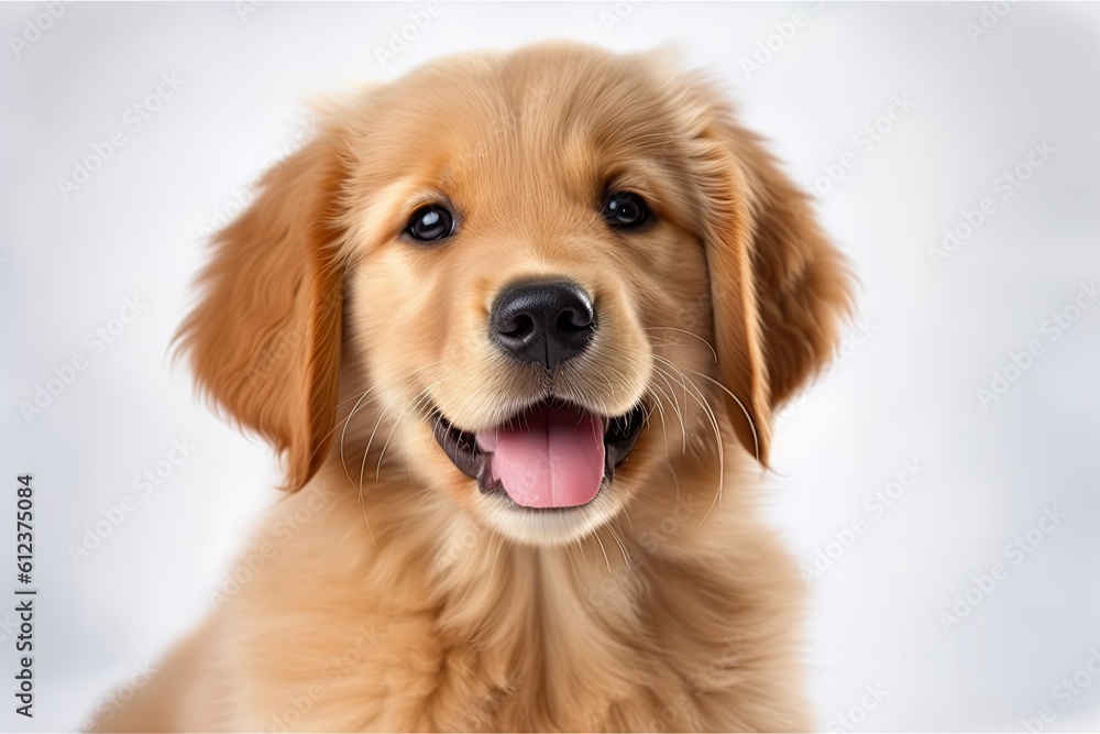 Portrait of a Happy Golden Retriever Puppy Posing on White Background - Cute Young Pet of Pedigreed Breed: Generative AI