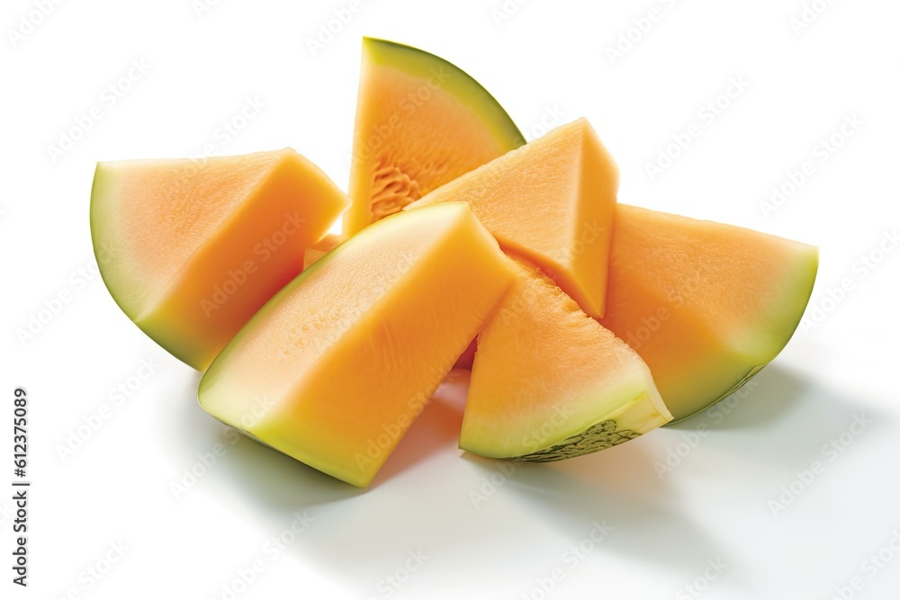 Isolated Melon Slice. Delicious Cut Cantaloupe Melon for Diet Food Concept on a White Background: Generative AI